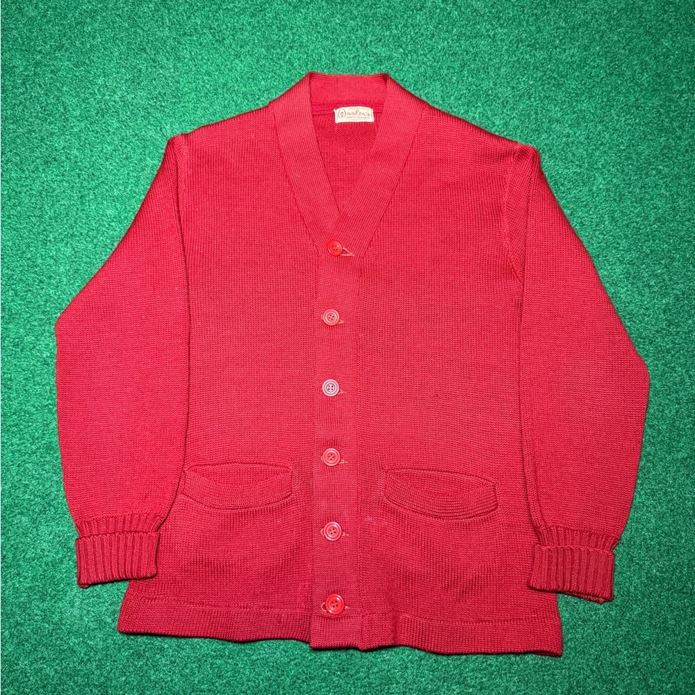 True Vintage 50s Red Cardigan Sweater, Waxler’s, Made in USA, Chain Stitch (Med)